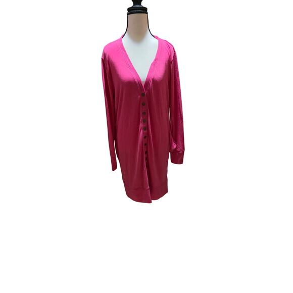 Zenana Longline Pink Cardigan Button-Down Pockets Soft Stretch Knit Sweater L - Picture 1 of 4